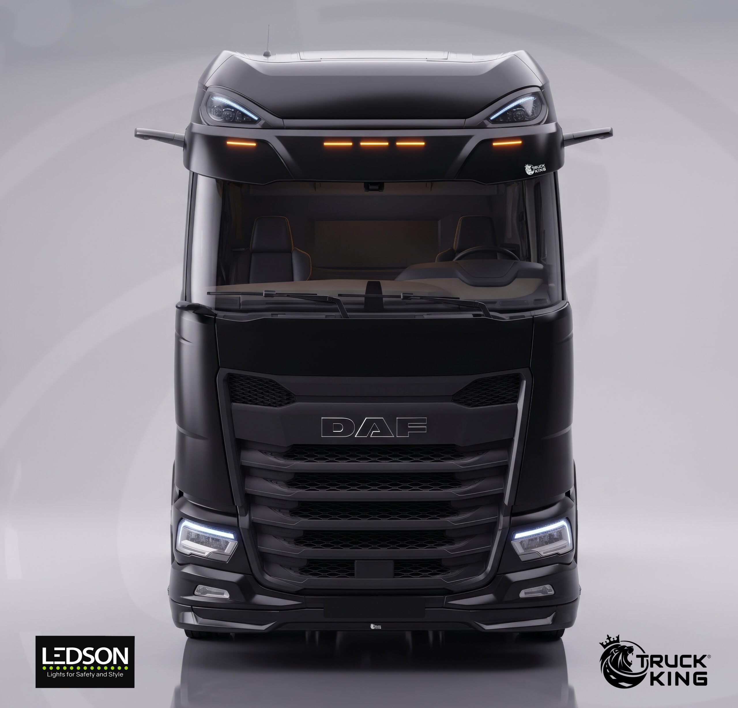 TruckKing "Classic" Sun Visor for DAF XG+, with Mounting Kit, 37 cm Deep – 5 Cutouts for LEDSON Optoline NGR+ Marker Lights